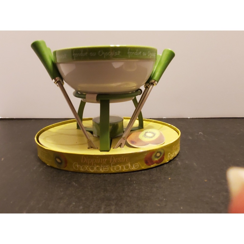 Dipping Desire Chocolate Fondue Set Green White Ceramic Bowl 4 Forks Tea Light